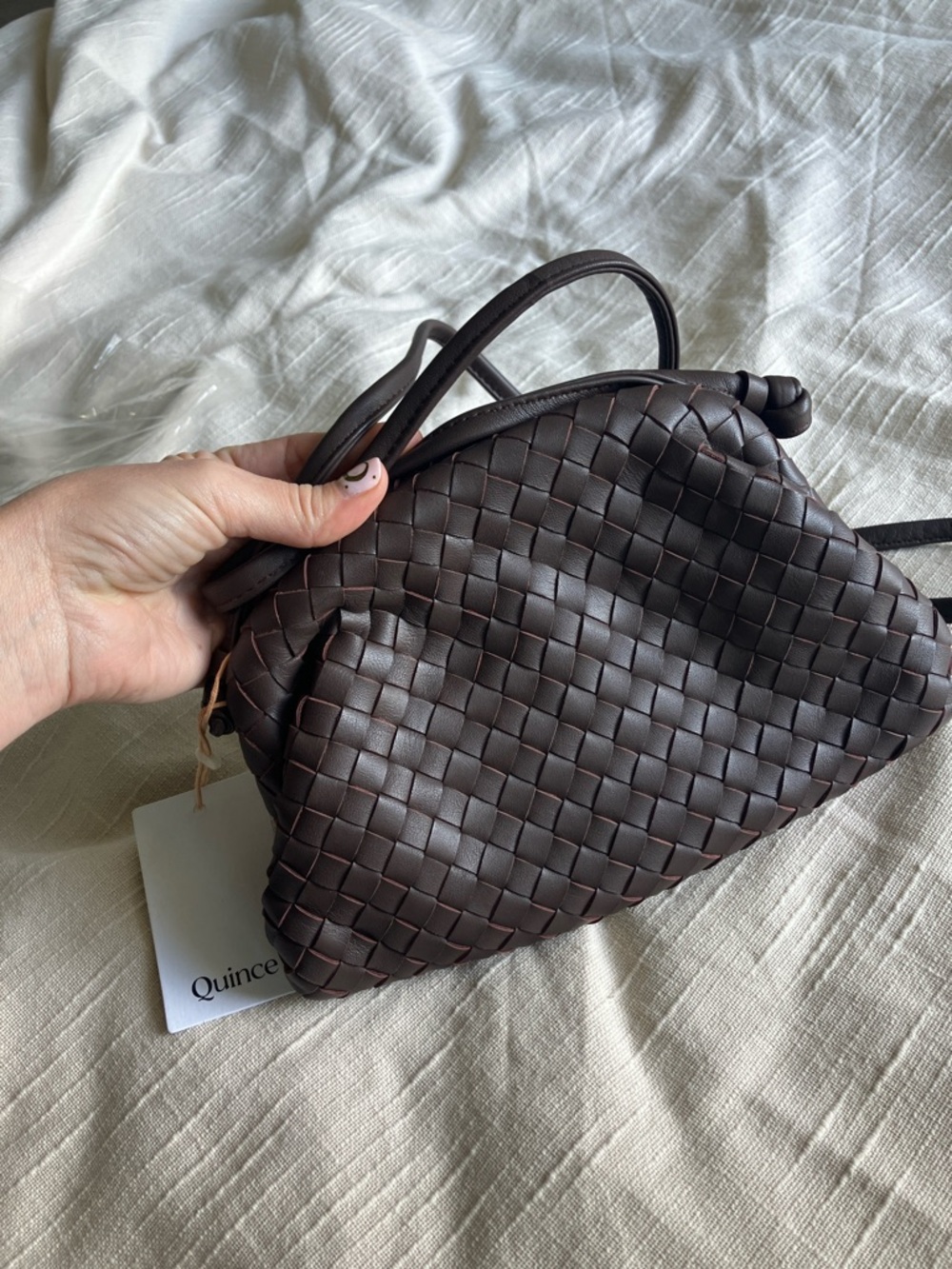 Quince Italian Leather Handwoven Pouch Crossbody Clutch Brown NWOT - Picture 6 of 6